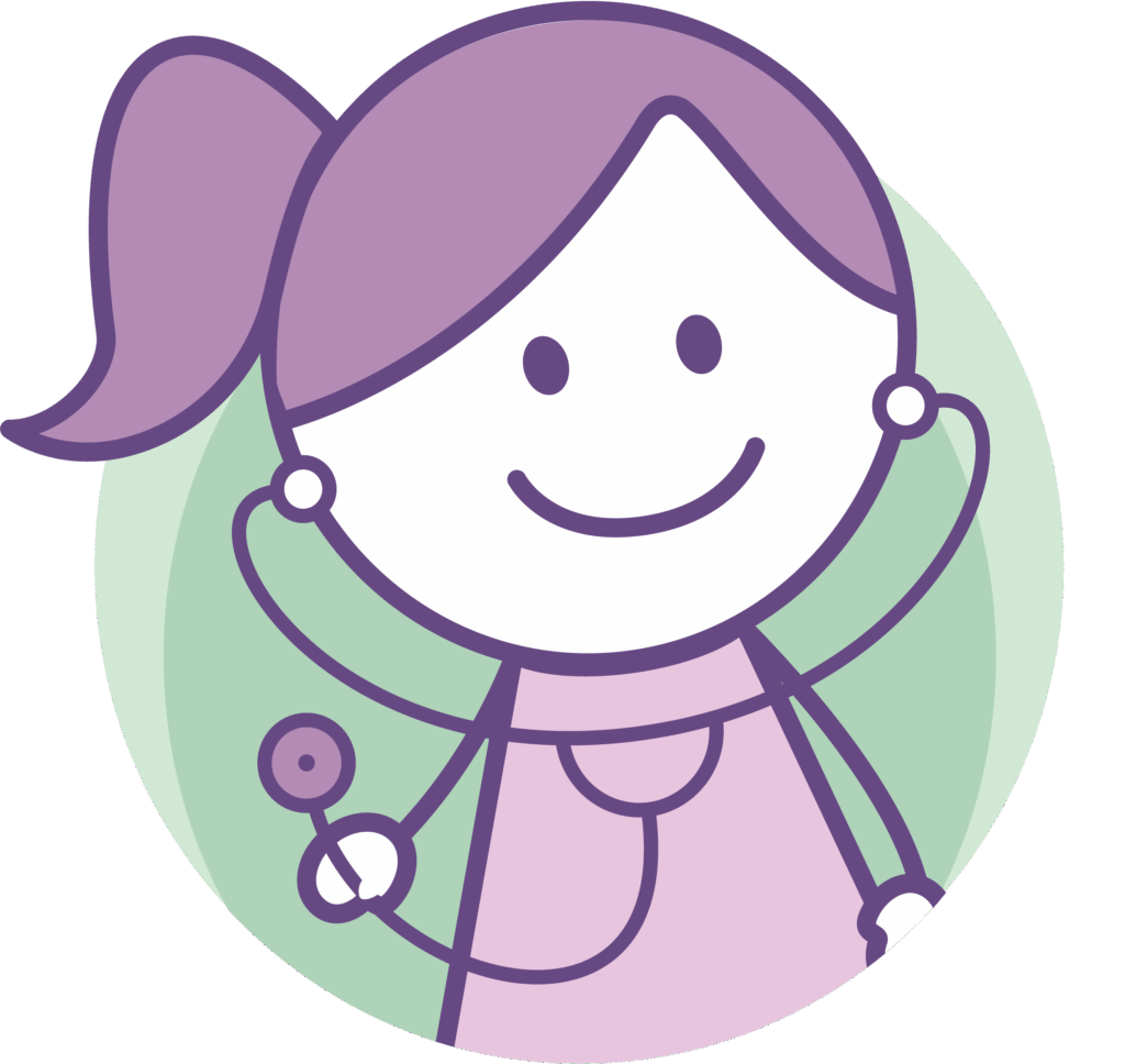 Die Kinderpraxis Eine Cartoon-Illustration einer lächelnden Person mit lila Haaren in einem Pferdeschwanz, trägt ein rosa Top und hält ein Stethoskop, mit einem grünen Kreis Hintergrund. Kinderarzt Braunschweig Schlosscarree