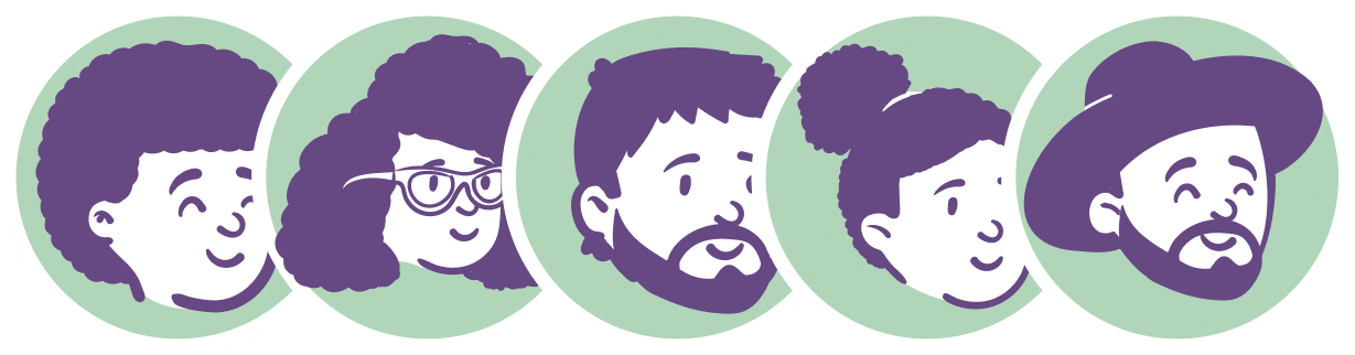 Die Kinderpraxis Illustration von fünf Cartoon-Gesichtern mit verschiedenen Frisuren und Gesichtsbehaarung, alle in Lila und Weiß vor grünen Kreisen. Die verschiedenen Charaktere, die für Die Kinderpraxis vorgestellt werden, haben unterschiedliche Haartexturen, Brillen und einen Hut. Kinderarzt Braunschweig Schlosscarree