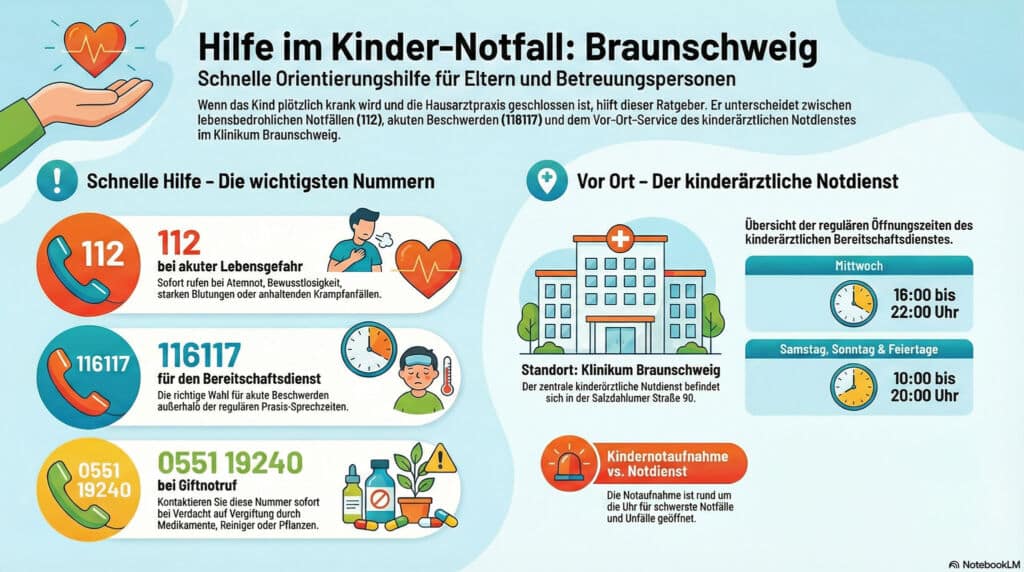 Die Kinderpraxis Infografik auf Deutsch mit dem Titel "Hilfe im Kinder-Notfall: Braunschweig", die mit einfachen Symbolen und Illustrationen Notfallkontakte, Informationen über pädiatrische Notfälle, Klinikdetails und lokale Notfallzeiten auflistet. Kinderarzt Braunschweig Schlosscarree