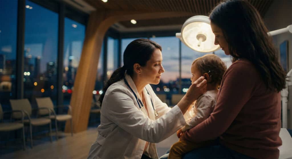 Die Kinderpraxis Ein Arzt untersucht das Ohr eines Kleinkindes, während das Kind auf dem Schoß einer Frau in einer modernen Arztpraxis mit großen Fenstern sitzt, während draußen die Lichter der nächtlichen Stadt zu sehen sind. Kinderarzt Braunschweig Schlosscarree