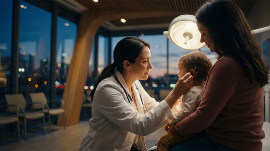 Die Kinderpraxis Ein Arzt untersucht das Ohr eines Kleinkindes, während das Kind auf dem Schoß einer Frau in einer modernen Arztpraxis mit großen Fenstern sitzt, während draußen die Lichter der nächtlichen Stadt zu sehen sind. Kinderarzt Braunschweig Schlosscarree