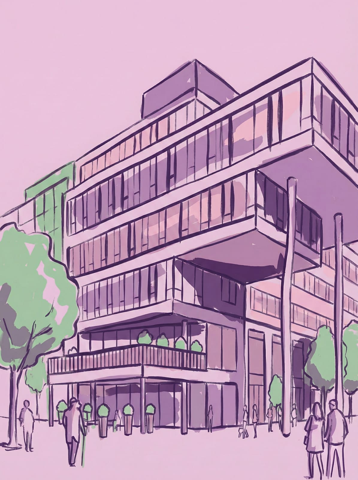 Die Kinderpraxis Eine Zeichnung von Die Kinderpraxis, einem modernen mehrstöckigen Gebäude mit großen Glasfenstern, überhängenden Teilen und Balkonen mit Pflanzen. Um das Gebäude herum sind Bäume und Menschen zu sehen. Die Farbpalette besteht hauptsächlich aus Rosa, Grün und Lila. Kinderarzt Braunschweig Schlosscarree