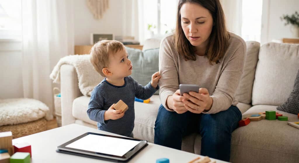 Die Kinderpraxis Eine Frau sitzt auf einer Couch und schaut auf ihr Telefon, während ein kleines Kind neben ihr steht und einen Holzklotz hält. Vor ihnen auf dem Tisch in einem hellen Wohnzimmer liegen bunte Blöcke und ein Tablet. Kinderarzt Braunschweig Schlosscarree