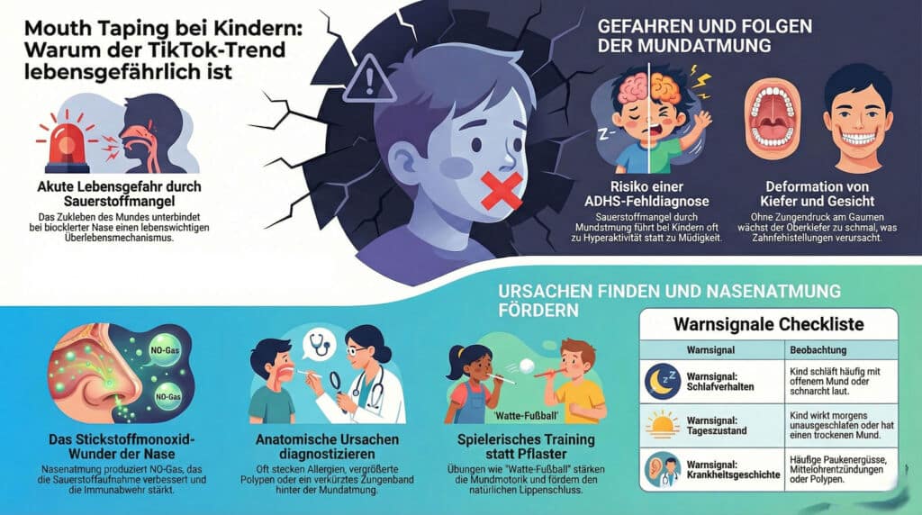 Die Kinderpraxis Infografik über die Gefahren der Mundbeatmung bei Kindern, die Risiken wie Ersticken, ADHS-ähnliche Symptome und Kieferdeformationen aufzeigt und Ursachen für die Mundbeatmung, eine Warn-Checkliste und Abbildungen betroffener Kinder enthält. Kinderarzt Braunschweig Schlosscarree