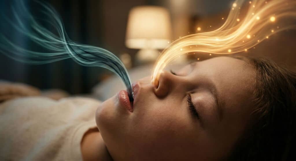 Die Kinderpraxis Ein Kind liegt mit geschlossenen Augen im Bett und scheint zu schlafen. Aus seinem Mund und seiner Nase strömen blaue und goldene Glühwürmchen, die einen magischen oder surrealen Effekt erzeugen. Im Hintergrund ist eine Lampe zu sehen. Kinderarzt Braunschweig Schlosscarree