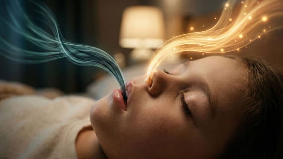 Die Kinderpraxis Ein Kind liegt mit geschlossenen Augen im Bett und scheint zu schlafen. Aus seinem Mund und seiner Nase strömen blaue und goldene Glühwürmchen, die einen magischen oder surrealen Effekt erzeugen. Im Hintergrund ist eine Lampe zu sehen. Kinderarzt Braunschweig Schlosscarree
