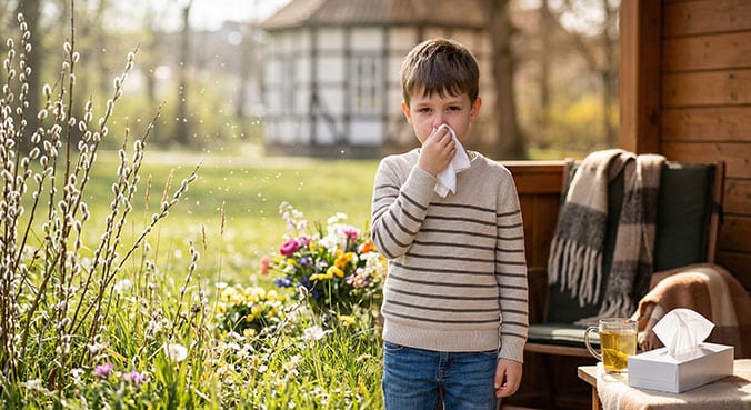 Die Kinderpraxis Ein kleiner Junge steht draußen in einem Garten und hält sich ein Taschentuch vor die Nase. Blumen und Pflanzen umgeben ihn. Eine Schachtel mit Taschentüchern, ein Glasbecher und eine Decke liegen auf einem Stuhl in der Nähe. Im Hintergrund ist ein Haus zu sehen. Kinderarzt Braunschweig Schlosscarree