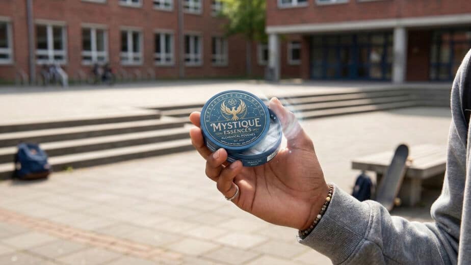 Die Kinderpraxis Eine Person hält eine Dose mit der Aufschrift "Mystique Essences" vor einem gemauerten Schulgebäude, während im Hintergrund Rucksäcke und ein Skateboard auf dem Boden liegen. Kinderarzt Braunschweig Schlosscarree