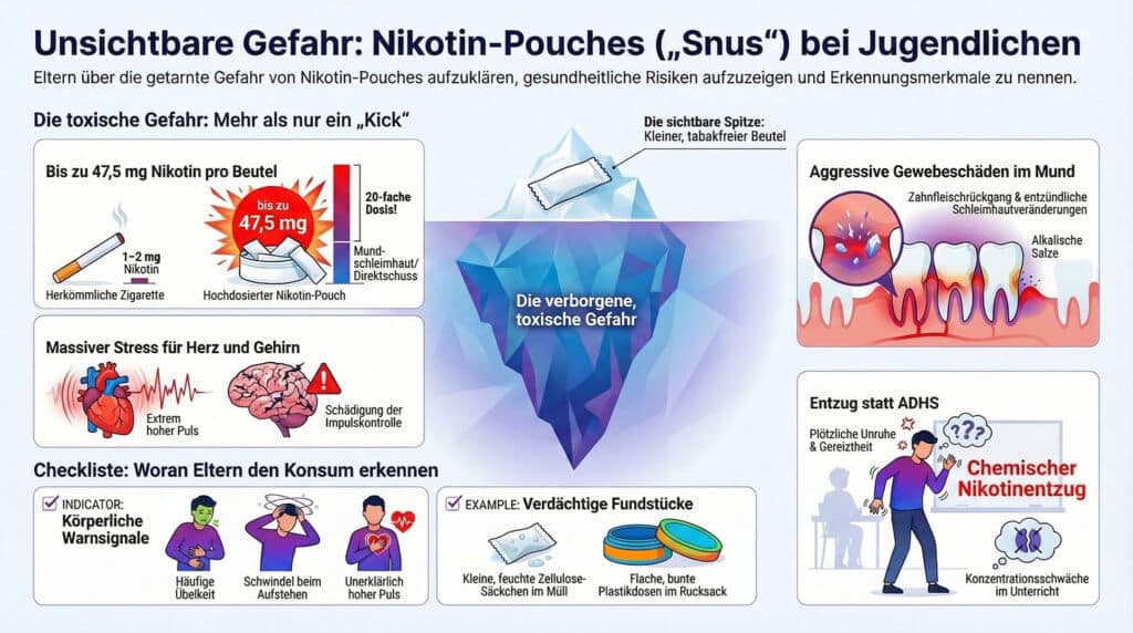 Die Kinderpraxis Eine deutschsprachige Infografik erklärt die Gesundheitsrisiken von Nikotinbeuteln ("Snus") für Jugendliche. Sie zeigt einen zentralen Eisberg mit verschiedenen beschrifteten Diagrammen und Symbolen, die die Auswirkungen auf den Körper, die Abhängigkeit und das Verhalten illustrieren. Kinderarzt Braunschweig Schlosscarree